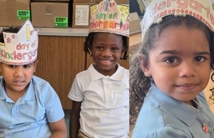  Students smiling wearing kindergarten crowns